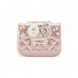 B1222 Floral Appliques Shinny Quilted Purse (5 Colors): PEWTER