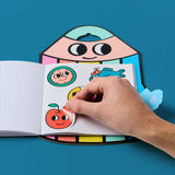Open Montessori Shapes Stickers Book by OMY showing colorful shape stickers on pages for early learning and creativity.