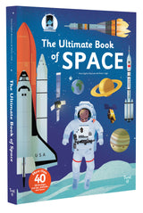 Open copy of The Ultimate Book of Space by Chronicle Books showcasing colorful space-themed illustrations and informational pages.