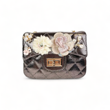 B1222 Floral Appliques Shinny Quilted Purse (5 Colors): PEWTER