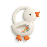 Itzy Ritzy Bitzy Shake silicone teether with cherry design and rattle for babies, soft and colorful for soothing teething discomfort.