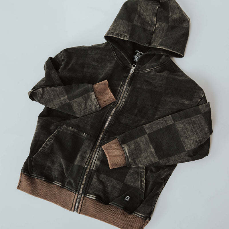 Zip Up Hoodie - Washed Black Denim Check