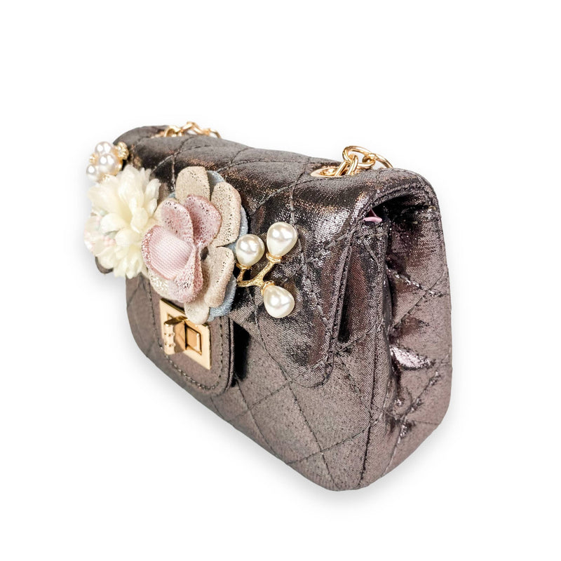 B1222 Floral Appliques Shinny Quilted Purse (5 Colors): PEWTER