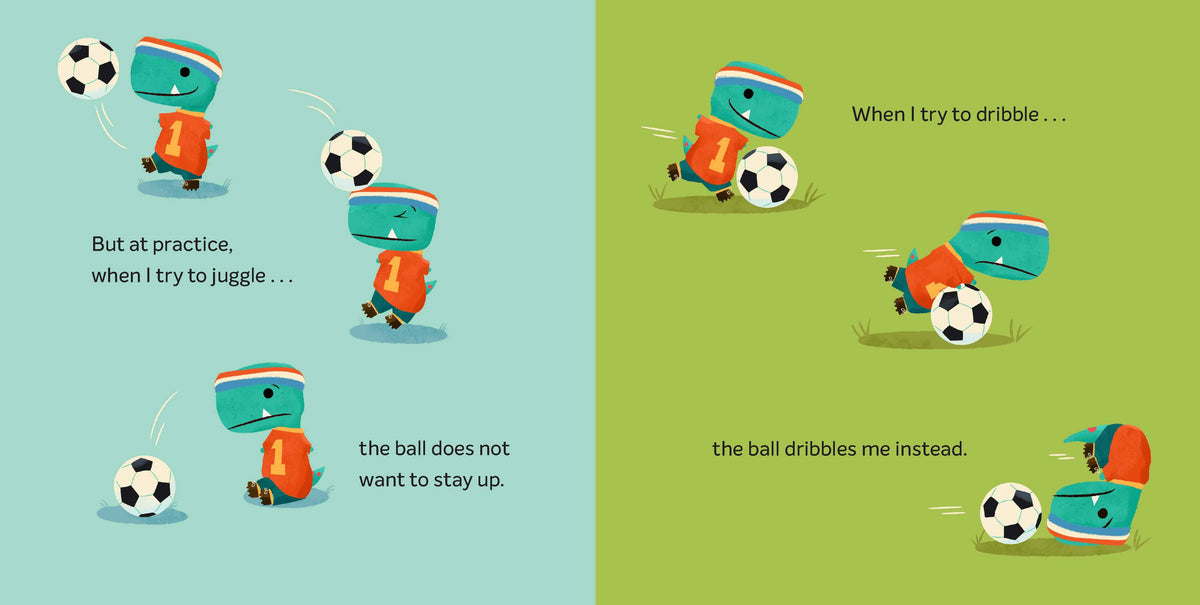 Tiny T. Rex from Chronicle Books trying to kick a soccer ball, depicted in a playful illustration.