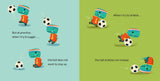 Tiny T. Rex from Chronicle Books trying to kick a soccer ball, depicted in a playful illustration.