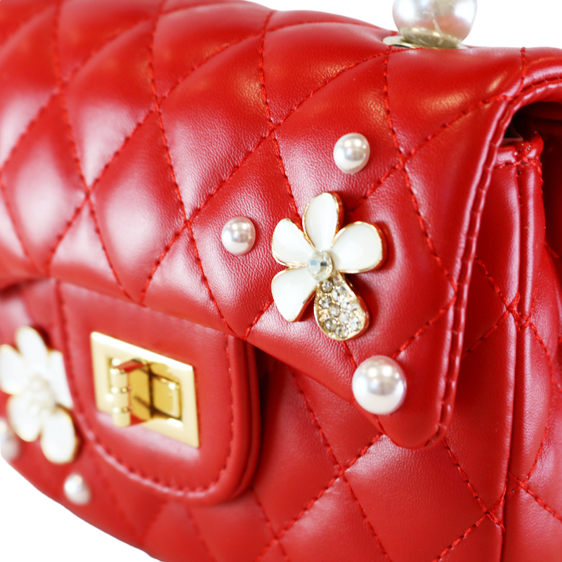 B1303 Pearl Handle Quilted Leather Purse w/ Charms: RED