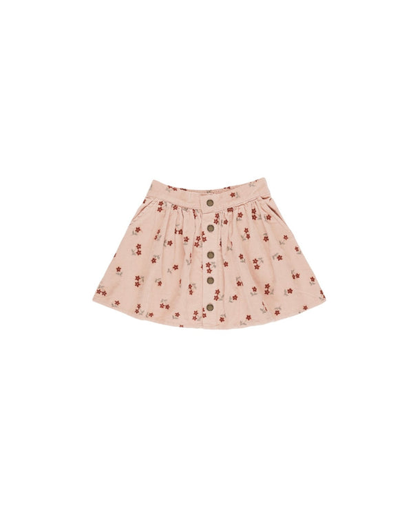 BUTTON FRONT MINI SKIRT || BLOSSOM EMBROIDERY