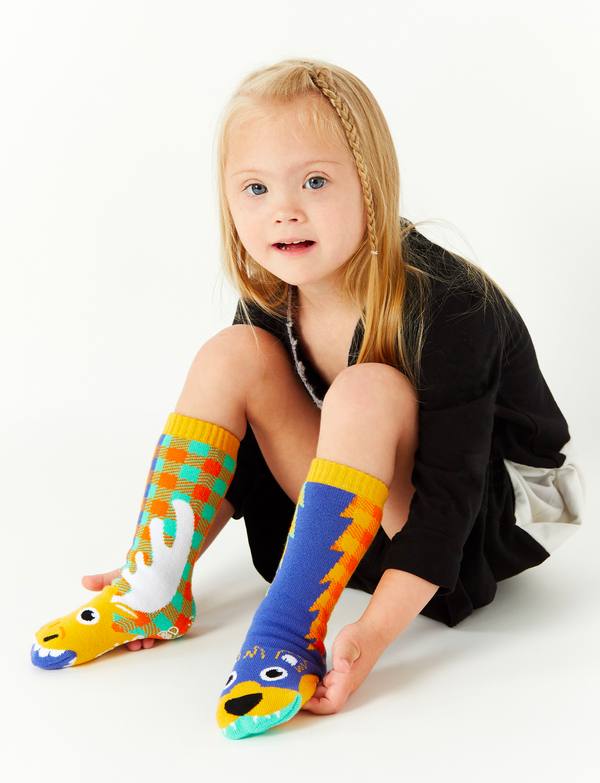 Moose & Bear Mismatched Non-Slip Kids Socks: KIDS LARGE