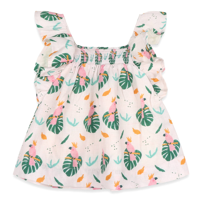 Parrot Ruffle Sleeve Baby Dress + Bloomer (Organic Muslin): LIGHT PINK
