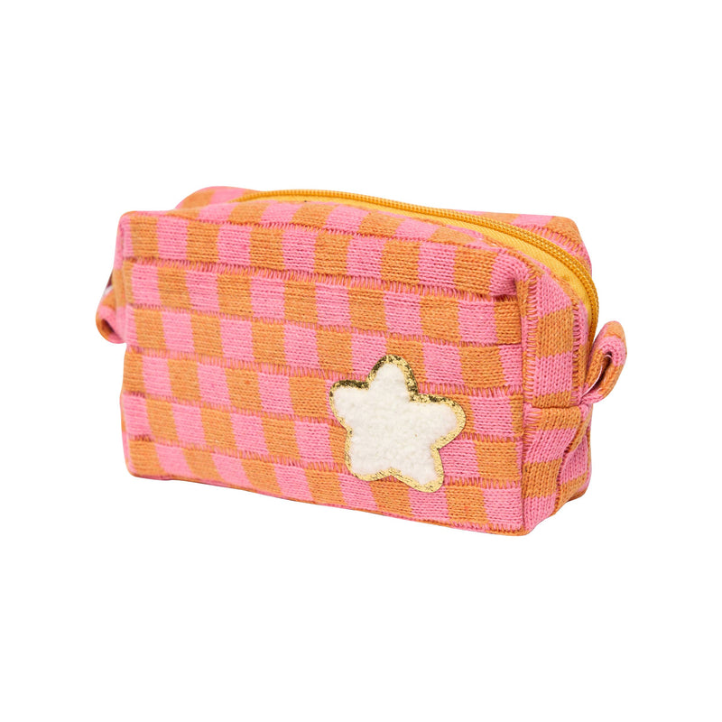 Checkered Cosmetic Bag w/ Glitter Chenile Patches for Tweens: Blue/White