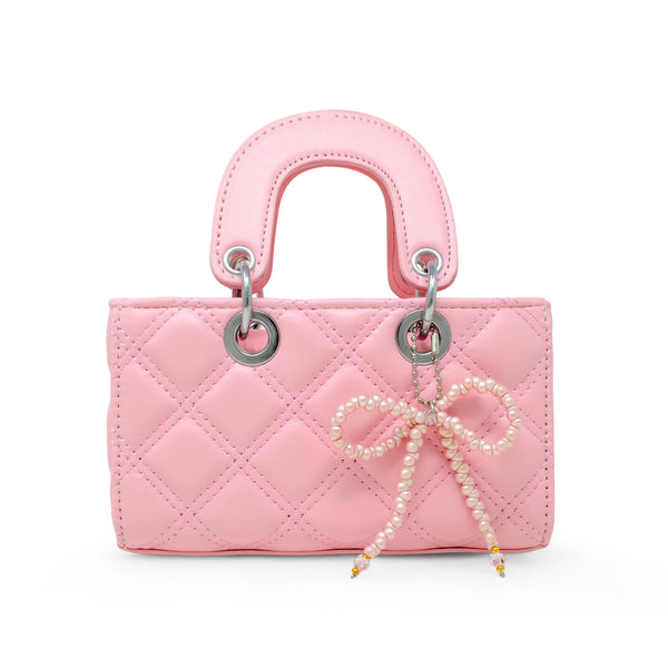Quilted Rectangle Bow Charm Handbag: Hot Pink