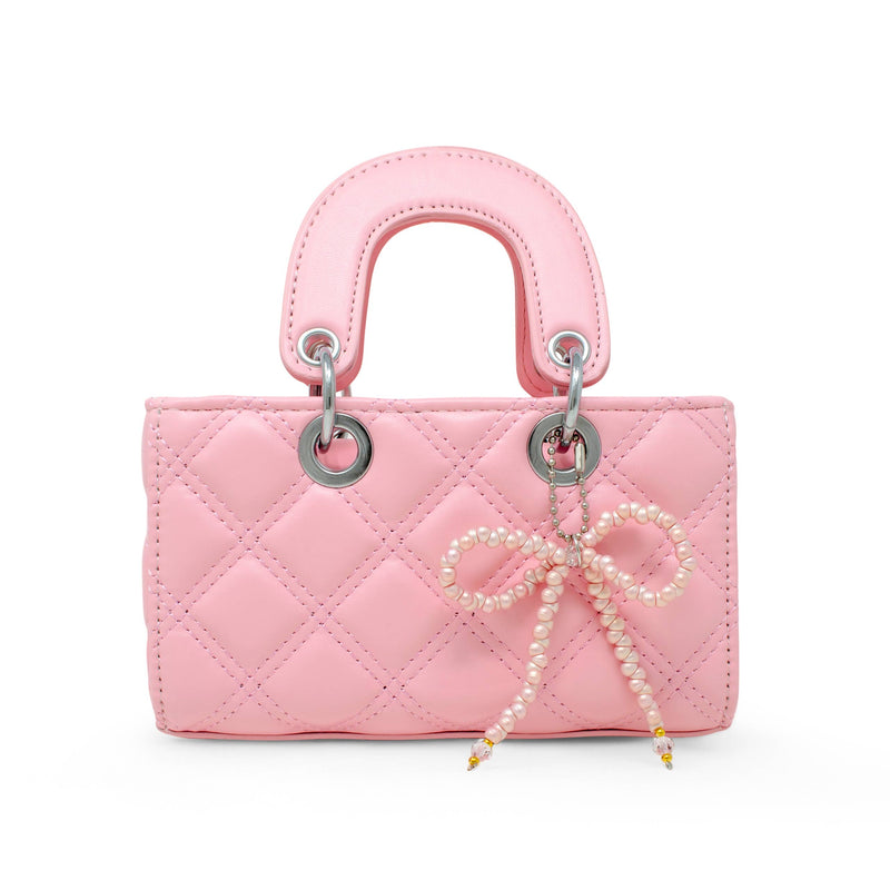 Quilted Rectangle Bow Charm Handbag: Hot Pink