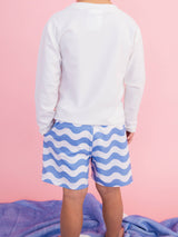 Boys Periwinkle Blue Wavy Stripe Performance Hybrid Swim Trunks: Blue / 12-18m