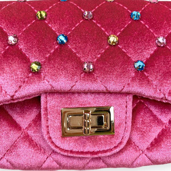 B1313 Colorful Gems Velvet Quilted Purse (6 Colors): FUCHSIA