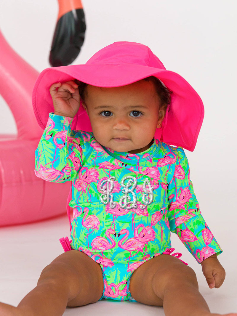 Baby Girls Neon Flamingo Long Sleeve One Piece Rash Guard Swimsuit with Signature Rear Ruffles: Blue / 0-3m