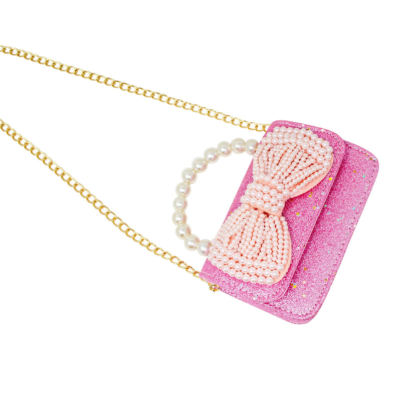 Glitter Pearl Handle Bow Handbag: Red