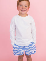 Boys Periwinkle Blue Wavy Stripe Performance Hybrid Swim Trunks: Blue / 12-18m