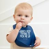 Blue Ladies Pick Me Up Wonder Bib by Bella Tunno, soft fabric with adjustable neck, designed for feeding and catching spills.