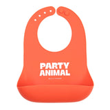 Bella Tunno Party Animal Wonder Bib in orange, soft silicone baby bib with fun animal design and adjustable neck strap.