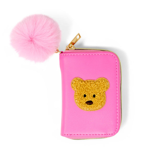Teddy Pom Pom Zip Wallet: Pink