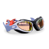Bling2o Megamouth Kids' Shark Swim Goggle with blue and white shark design, adjustable strap, perfect for summer pool swimming.