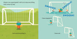 Tiny T. Rex from Chronicle Books tries playing soccer with a small toy T. Rex on a grassy field.