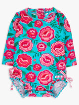 Baby Girls Bright Blossoms Long Sleeve One Piece Rash Guard Swimsuit with Signature Rear Ruffles: Multi-Color / 12-18m