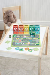 Illustration from the Rush to Recycle book by Chronicle Books showing colorful recycling symbols and eco-friendly messages.