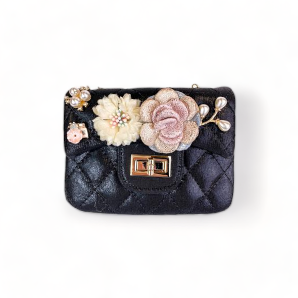 B1222 Floral Appliques Shinny Quilted Purse (5 Colors): PEWTER