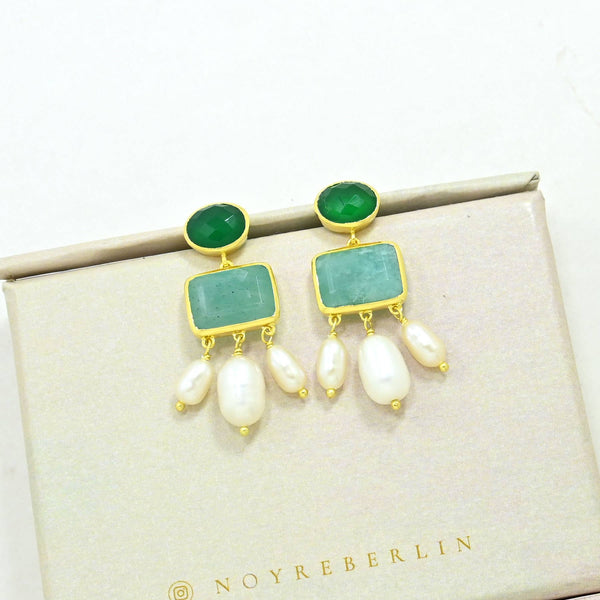 Brooklyn Earring Gold Plated - Pearl, Amazonite & Green Onyx