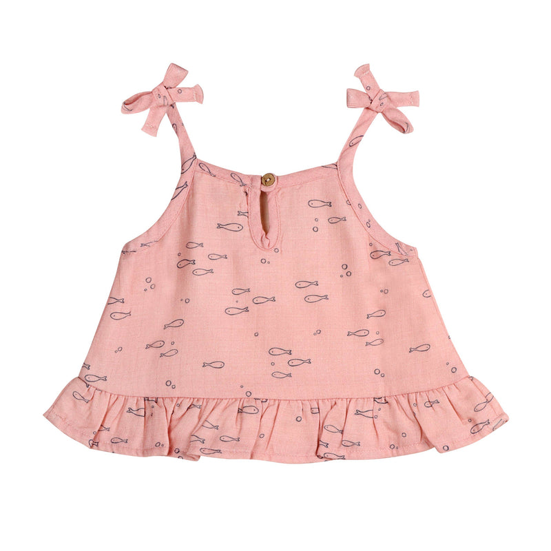 Fishes Shoulder Tie Baby Top & Bottom Set (Organic Muslin): DUSTY PINK
