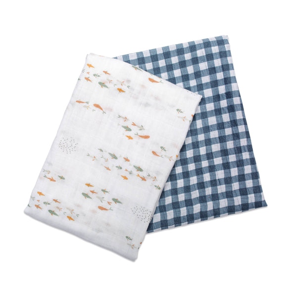 2-pack Cotton Swaddles - Fish / Navy Gingham
