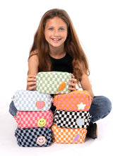 Checkered Cosmetic Bag w/ Glitter Chenile Patches for Tweens: Blue/White