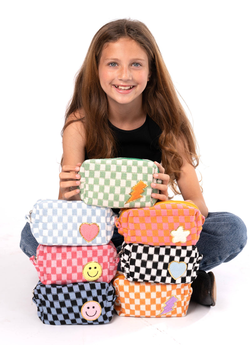 Checkered Cosmetic Bag w/ Glitter Chenile Patches for Tweens: Blue/White