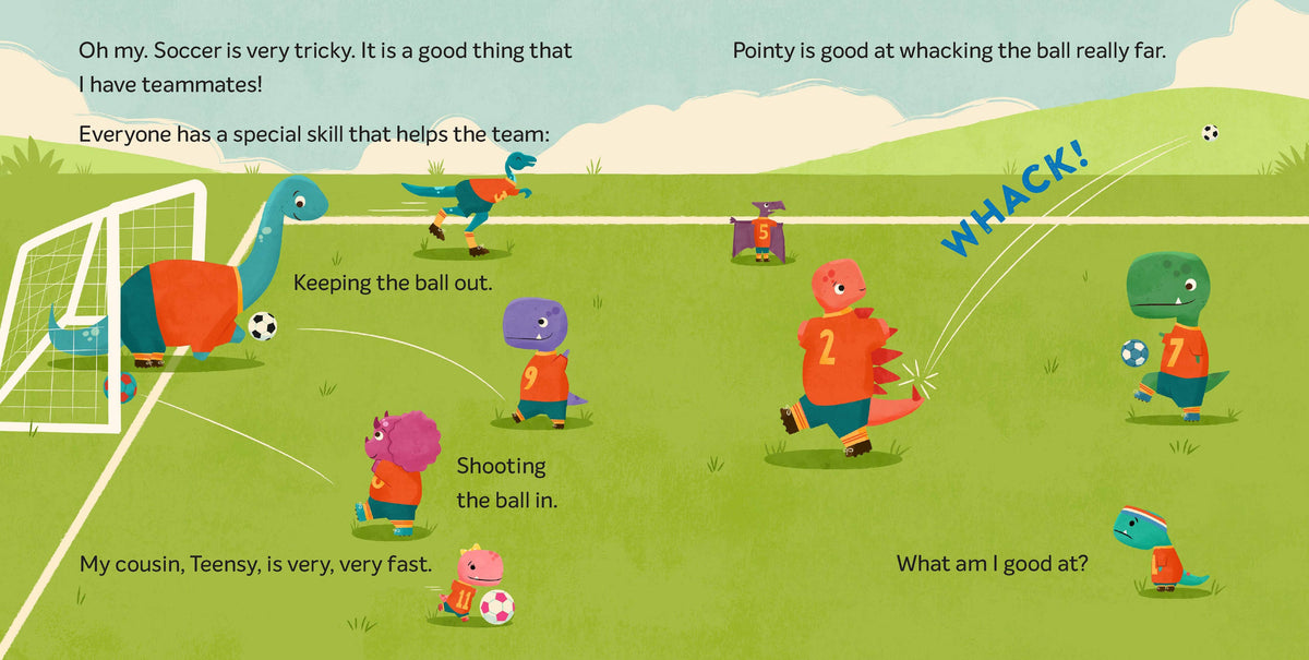 Tiny T. Rex Tries Soccer book by Chronicle Books featuring an illustration of a small T. Rex playing soccer on a colorful background.