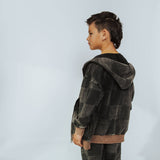 Zip Up Hoodie - Washed Black Denim Check