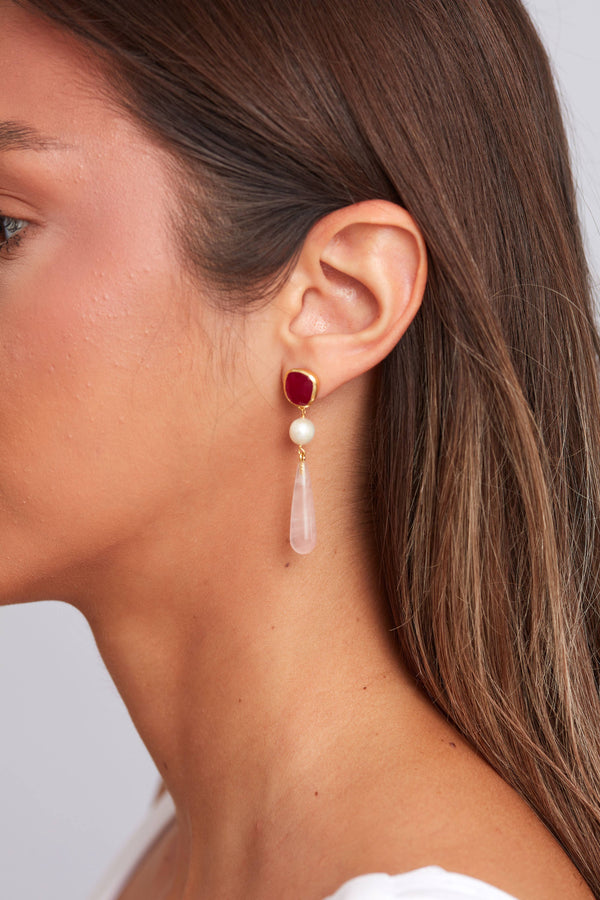 Scarlett Earring Gold Plated - Pearl Rose Quartz & Pink Jade