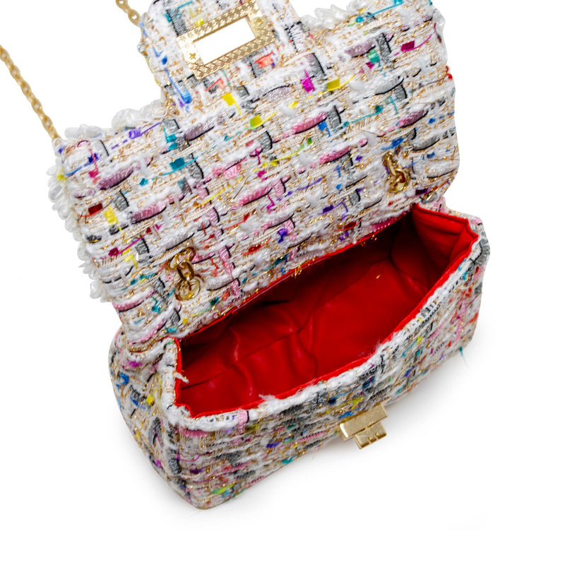 Classic Tweed Handbag with Pearls: White