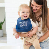 Blue Ladies Pick Me Up Wonder Bib by Bella Tunno, soft fabric with adjustable neck and colorful design for baby feeding protection.