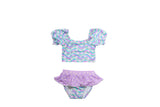 Blueberry Bay Haven Oasis two-piece swimsuit in vibrant print, featuring a bikini top and high-waisted bottoms on a model.