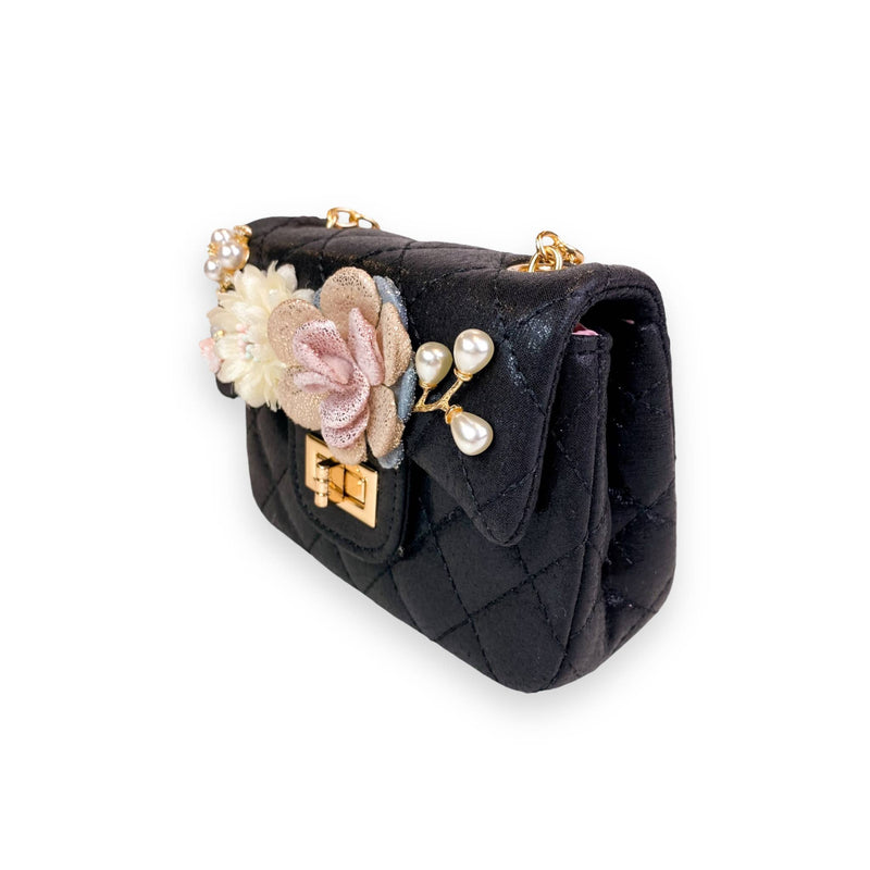 B1222 Floral Appliques Shinny Quilted Purse (5 Colors): PEWTER