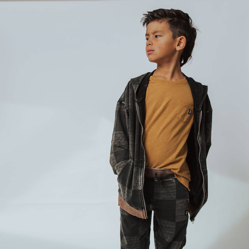 Zip Up Hoodie - Washed Black Denim Check