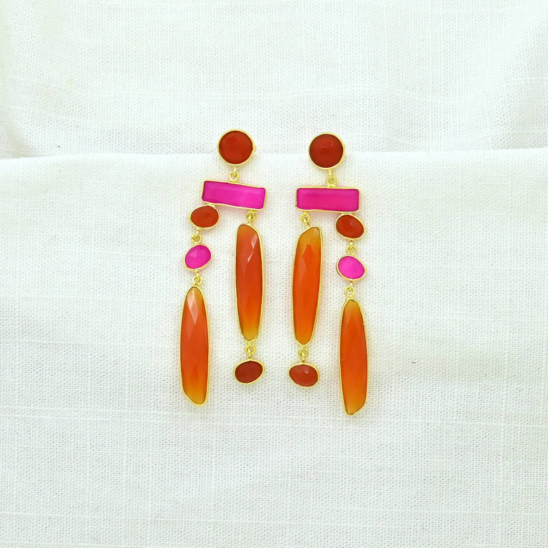 Chiyo Geometric Earring - Orange Carnelian & Pink Onyx