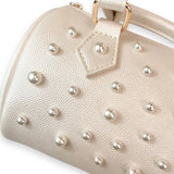 B1312 BLACK,PINK,CREAM,MULTI Pearl Studs Leather Barrel Bag: Multi