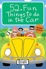 Open book titled "52 Series: Fun Things to Do in the Car" by Chronicle Books, showing colorful pages and playful activities inside.