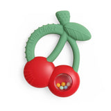 Itzy Ritzy Bitzy Shake silicone teether with cherry design and attached rattle for babies.