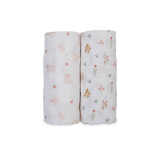 2-pack Cotton Swaddles -Kitty Cat/ Flower Field