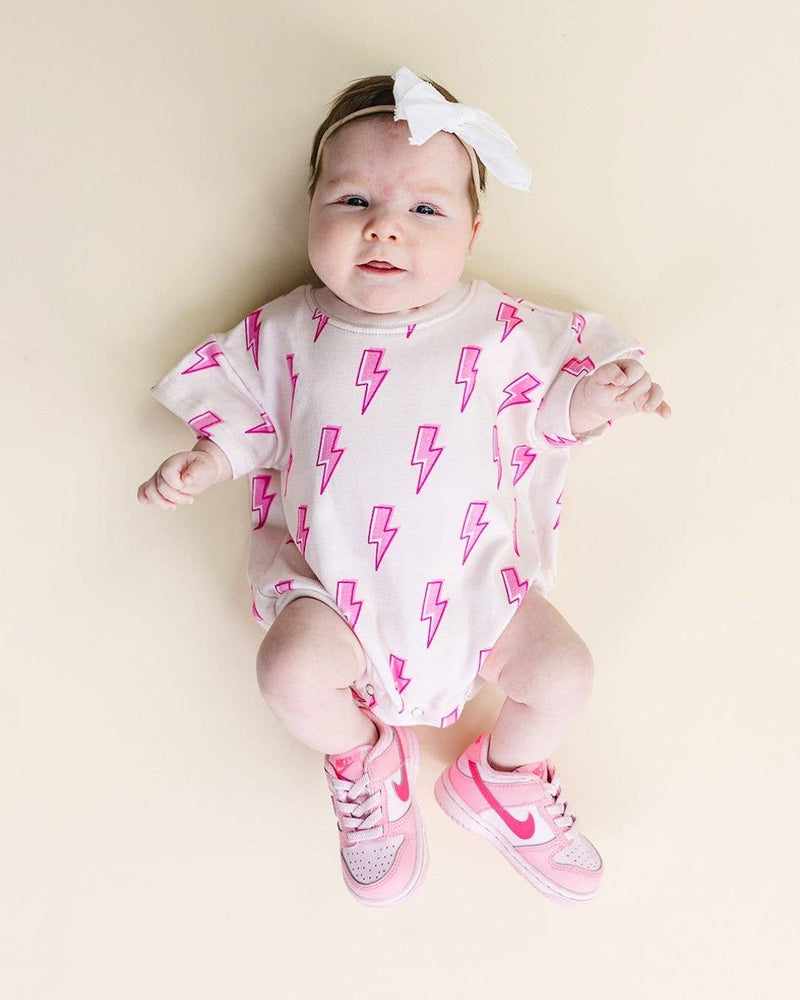 Short Sleeve Bubble Romper | Pink Bolts: 12-18M