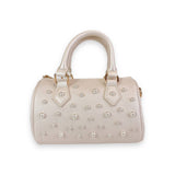 B1312 BLACK,PINK,CREAM,MULTI Pearl Studs Leather Barrel Bag: Multi