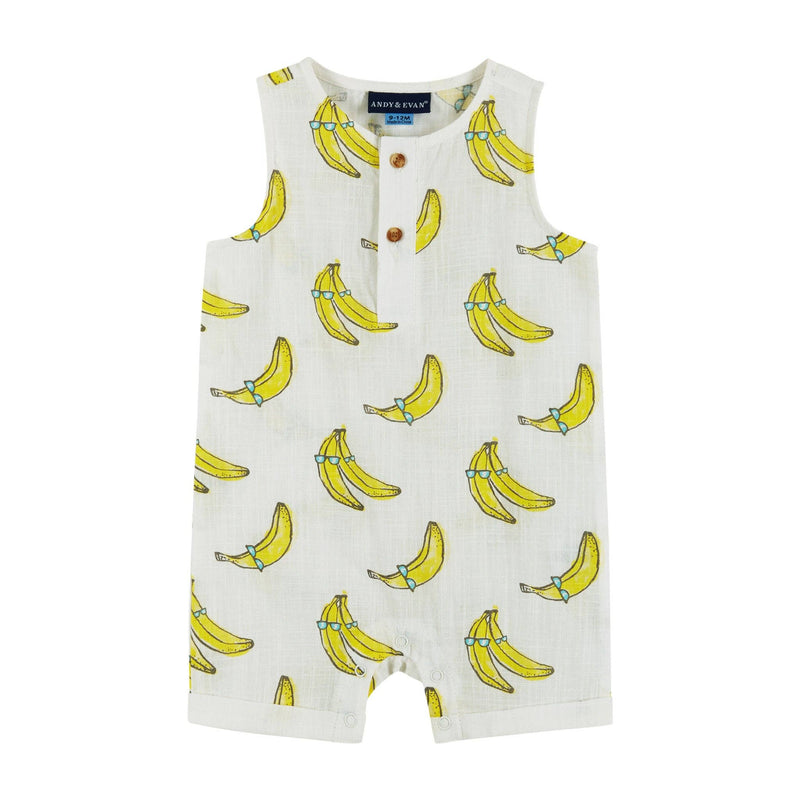 Infant White Banana Printed Woven Tank Romper w/Bucket Hat: White